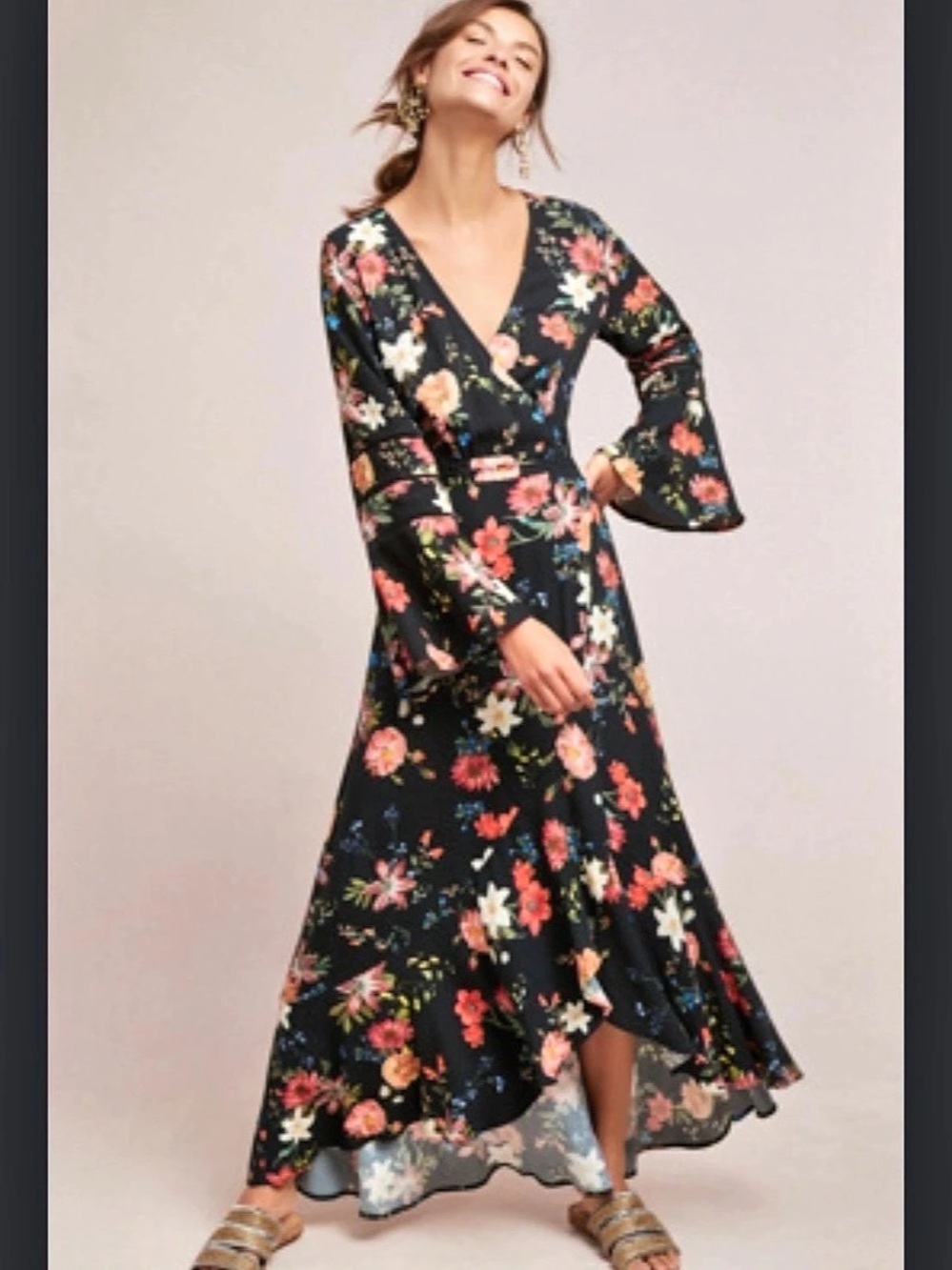 Farm Rio Floral Wrap Maxi Dress in Black & Multicolor